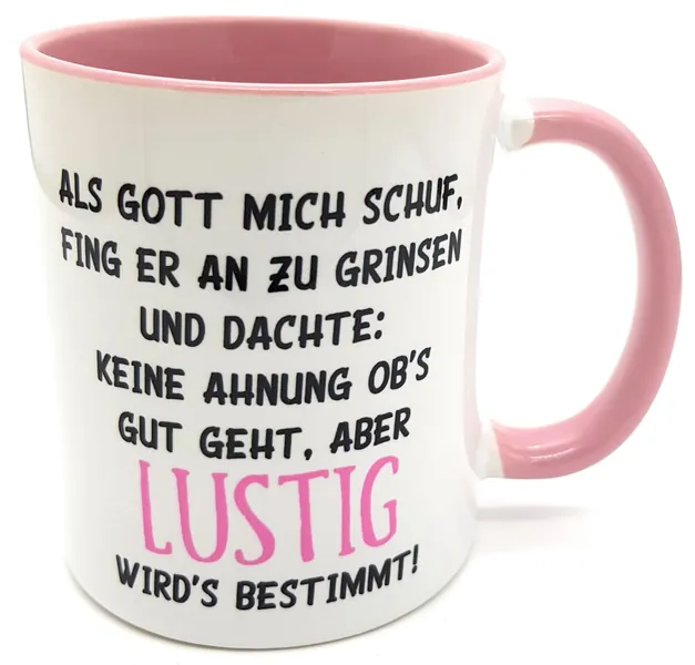 Kilala Kaffetasse mit lustigem Spruch "Als Gott mich schuf", Kaffeebecher inkl. Geschenkverpackung, Weiß mit Rosa