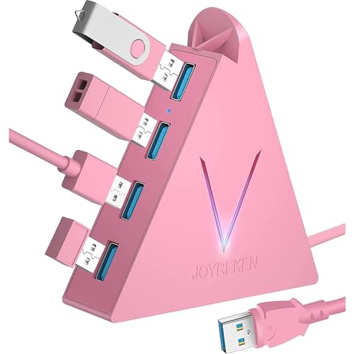 JoyReken 4-Port USB 3.0 Hub, FlyingVHUB Vertical Data USB Hub with 2 ft Extended Cable, for Mac, PC, Xbox One, PS4, PS5, iMac, Surface Pro, XPS, Laptop, Desktop, Flash Drive, Mobile HDD(Pink) - 2ft - Pink