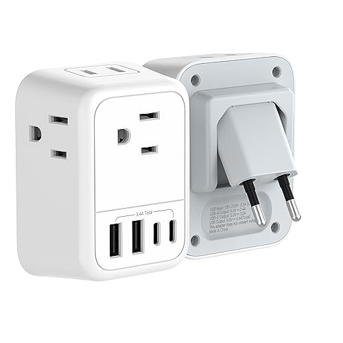 Travel Plug Adapter with 4 AC Outlets and 4 USB Ports - European and International Power Adapter, Type C Plug Adapter Travel Essentials to Most Europe EU Spain Italy France Germany - White