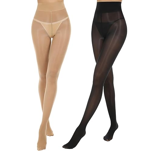 Aaronano 2 Pairs Shiny Pantyhose for Women High Waist Silk Oil Shimmer Sheer Tights - Black and Natural - Large-X-Large