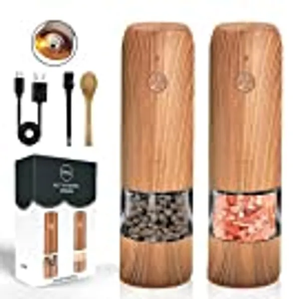 Electric Salt and Pepper Grinder Set USB Rechargeable - USB Type-C Cable, LED Lights, Automatic Electric Pepper Salt Grinder Mill Refillable, Adjustable Coarseness Shakers, One Hand Operation