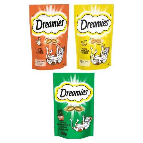 Dreamies Cat Treats Bundle of Tasty Snacks with Scrumptious Chicken, Cheese & Catnip Flavours | Cat Biscuits | Cat Treats for Indoor | Kitten Treats | No Artificial Colours | 60g