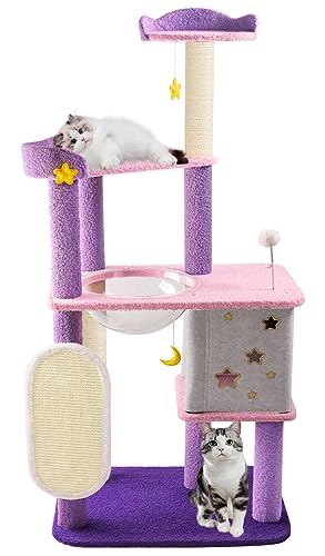 JR Knight 145cm Cat Tree Tower with Cat Scratching Post, Cat Condos with Transparent Space Capsule, Multi Level Large Cat Climbing House for Indoor Cats Activity Centre, Purple - Purple3