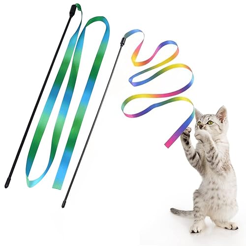 LASOCUHOO Interactive Cat Rainbow Wand Toys, Interactive Cat Teaser Wand String, Colorful Ribbon Charmer for Most Cats and Kittens - 2 PCS - Greenrainbow