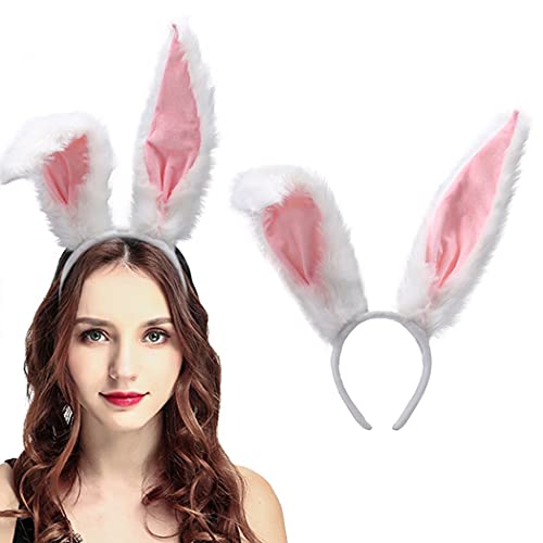 Bunny Ears Headbands Furry Rabbit Ear Headband Party Prom Cosplay Headwear Costume Hair Accessories for Women - White