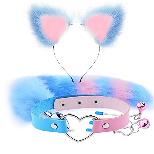 Costume Accessory Set for Women Handmade Ears Plush Tail Neck Collar Set Cosplay Costume Party Cute Dress Up Accessorie - Blue