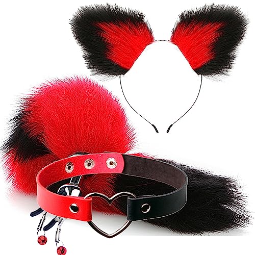 Costume Accessory Set for Women Handmade Ears Plush Tail Neck Collar Set Cosplay Costume Party Cute Dress Up Accessorie - Red