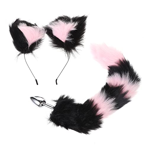 ABOOFAN 1 Set Cat Fox Wolf Ears Headband and Tail Plug Cosplay Costume Party Cute Dress Up Accessories - Pink