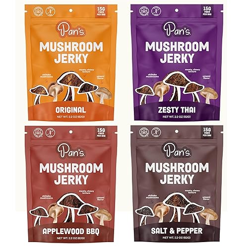Pan's Mushroom Jerky, Organic, Vegan Snacks, Mushrooms Shitake, Meatless Jerky, Gluten Free, High in Fiber, Variety pack of Original, Zesty Thai, Salt & Pepper, BBQ (2.2 Ounce, Pack of 4) - Variety - 2.2 Ounce (Pack of 4)