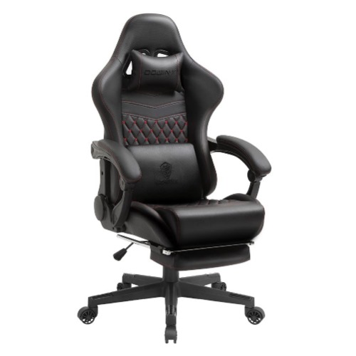 Dowinx Gaming Stuhl Bürostuhl Ergonomischer PC-Stuhl mit Massage Lendenwirbelstütze, Racing Stil PU Leder Hohe Rückenlehne Verstellbarer Drehsessel mit Fußstütze (Schwarz & Rot) - Schwarz