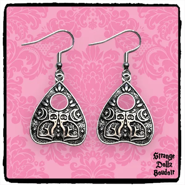 Ouija Planchette Cats Earrings,  925 Sterling Silver, Witchy Gothic, Strange Dollz Boudoir
