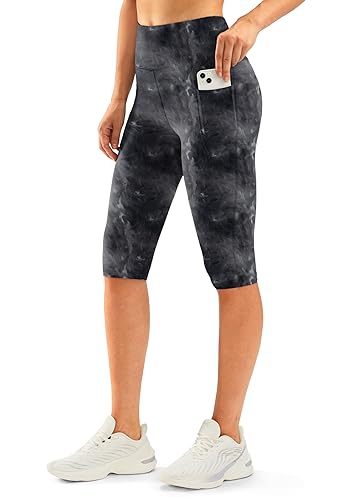 SANTINY Women's Knee Length Capri Leggings with Pockets High Waisted Workout Exercise Yoga Capris Pants for Women - Large - Black Tie Dyle