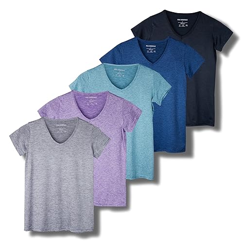 Real Essentials 5 Pack: Women's Short Sleeve V-Neck Activewear T-Shirt Dry-Fit Wicking Yoga Top (Available in Plus) - Regular Size - X-Large - Set 1