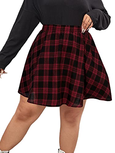 Romwe Women's Plus Size Plaid Skater Skirt Elastic High Waisted A Line Swing Short Skirts - X-Large Plus - Red