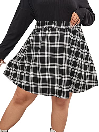 Romwe Women's Plus Size Plaid Skater Skirt Elastic High Waisted A Line Swing Short Skirts - 4X-Large Plus - Black Plaid
