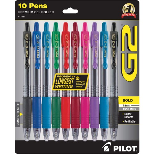 Pilot G2 Premium Retractable Gel-Ink Rolling Ball Pens, Bold Point (1.0mm), Assorted, 10/Pk (11887) - 10