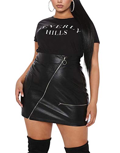 PYL Women’s Plus Size Zipper PU Faux Leather Skirt Short High Waist Mini Bodycon - Black - 4X-Large Plus
