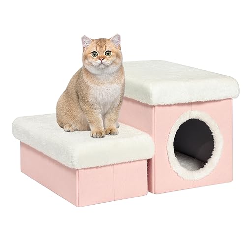 B FSOBEIIALEO Cat House with Toy Storage Box, Cat Condo Stairs for Indoor Room Bed Cat Cave, Foldable Pets beds Pet Steps Pink 15.7x12.6x12.6 inches - Pink