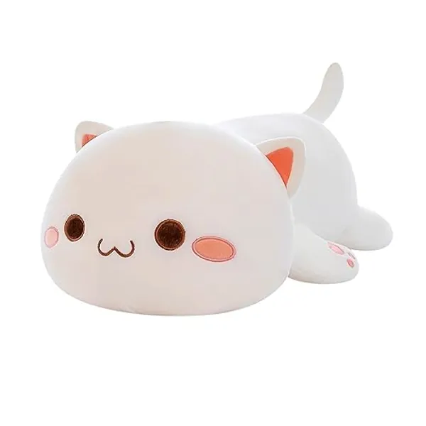 FUYU Cat Stuffed Animals, Soft Cat Plush Pillow Kawaii Kitten Stuffed Animal Toy Gifts for Kids Boys Girls Room Decor (White Round Eyes,15in/37cm) - White Round Eyes - 15in/37cm
