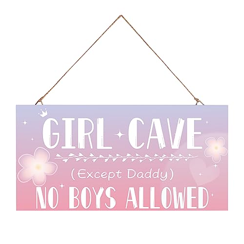 Girl Cave Sign, Hanging Bedroom Door Decoration Sign for Woodland Nursery Home Decor, No Boys Allowed Except Daddy Sign Wall Decorations, Cute Purple Wall Room Decor for Teen Girls - Purple