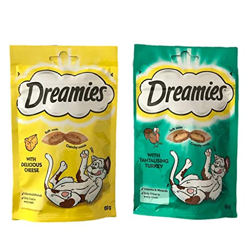 Dreamies Cat Treats Bundle - 2 Flavours - Tantalising Turkey and Delicious Cheese 60g (one of each)