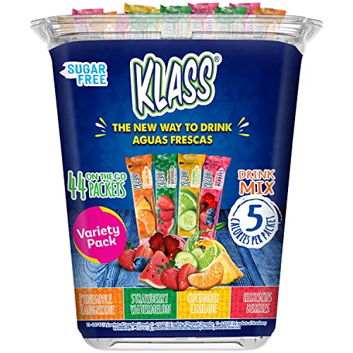 Klass Aguas Frescas, Variety Pack, Sugar Free Drink Mix, Fruit Variety Packets, On-The-Go! Powdered Drink Mix (44 Count Powder Stick Packs) 5 Calories Per Packet- Shake it up! The new way to drink Aguas Frescas. - Aguas Frescas