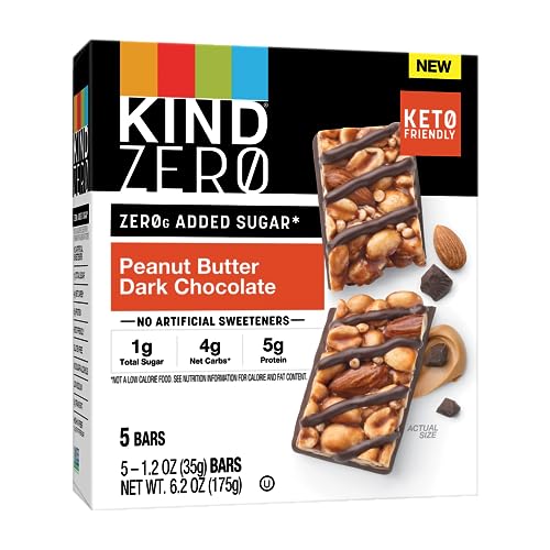 KIND ZERO Added Sugar Bars, Keto Friendly Snacks, Peanut Butter Dark Chocolate, 6.2oz Box (5 Bars) - Peanut Butter Dark Chocolate