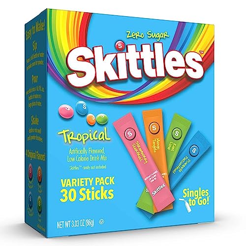Skittles Singles To Go Tropical Flavors Variety Pack, Powdered Drink Mix, Includes 4 Flavors, Strawberry Starfruit, Mango Tangelo, Kiwi Lime, Pineapple Passionfruit, 40 Count - Tropical - 40 Count (Pack of 1)