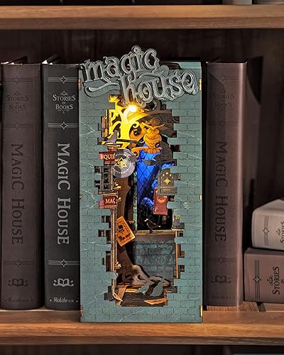Rolife DIY Book Nook Kit 3D Wooden Puzzle for Adults 9.8" Bookshelf Indert Decor with LED Miniature Dollhouse Kit Bookend Crafts Diorama Hobbies Gifts for Boys Girls (Magic Alley) - Magic Alley