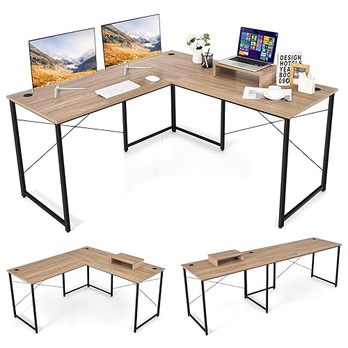 COSTWAY Bureau d'angle en L Réversible avec Support de Moniteur, Poste de Travail Industriel pour 2 Personnes avec 3 Trous de Câble, Assemblage Facile, 150 x 150 x 74 cm (Naturel) - Naturel