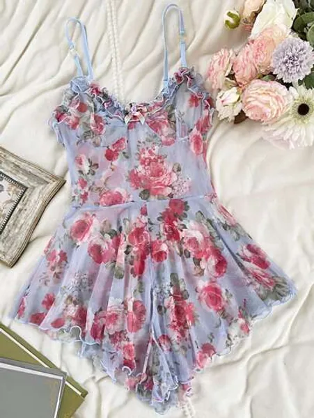 Floral Print Frill Trim Bustier Mesh Sleep Romper Without Panty