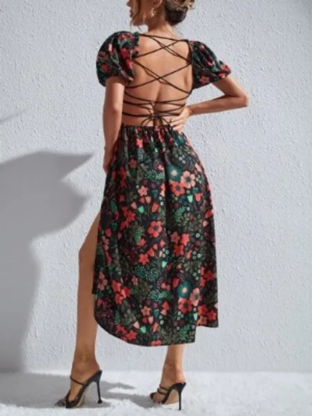 SHEIN X Yuan Xu Floral Print Puff Sleeve Split Thigh Dress