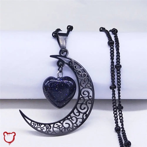 Black Moon Heart Necklace - Purple