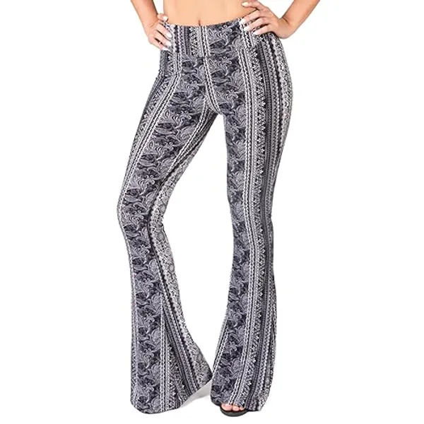 SATINA High Waisted Wide Leg Pants for Women | Women’s Palazzo Pants | Flared Leggings | Bootcut Bell Bottom Yoga Pants - Medium - Leafy Black