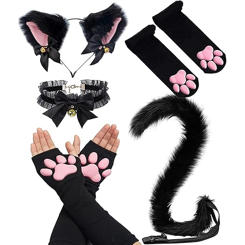 Cat Paw Thigh High Socks Golves, Girls Women Cosplay Soft 3D Toe Beans Mittens Kitten Paw Pad Stockings - Black 5pcs