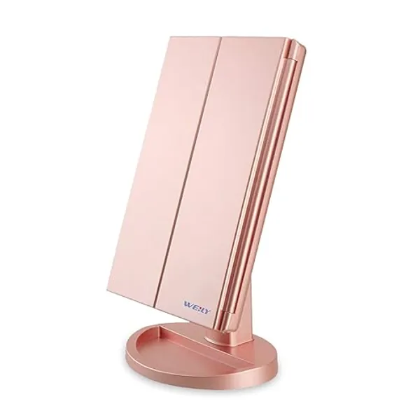 WEILY Vanity Makeup Mirror,1x/2x/3x Tri-Fold Makeup Mirror with 21 LED Lights and Adjustable Touch Screen Lighted Mirror Dressing Mirrors for Women (Rose Gold) - Rose Gold