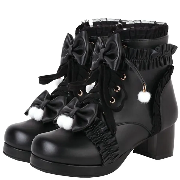 Meefit Women Platform Boots Lace Up Chunky Heel Ankle Boots with Bow Cosplay Winter Shoes - 8 1 Black