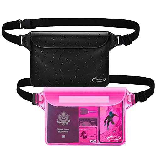 AiRunTech Waterproof Pouch with Waist Strap (2 Pack) | Beach Accessories Best Way to Keep Your Phone and Valuables Safe and Dry | Perfect for Boating Swimming Snorkeling Kayaking Beach Pool Water Park - Black + Pink