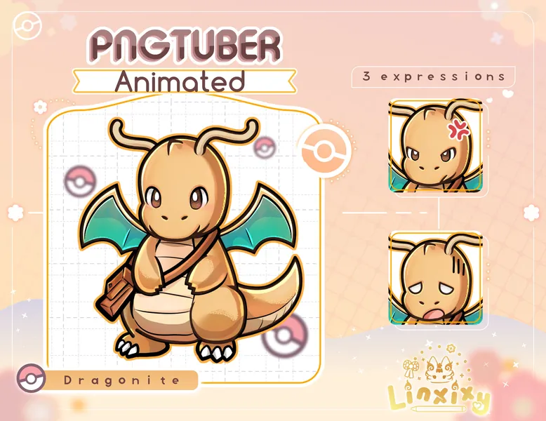 ANIMATED PNGTuber | Dragonite Pokemon [3 Expression] Stream File OBS | Voice Reactive | Twitch PNG Tuber Chibi Dynamic Avatars