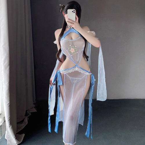 Geisha-inspired Maxi Dress Lingerie Set - Blue / L