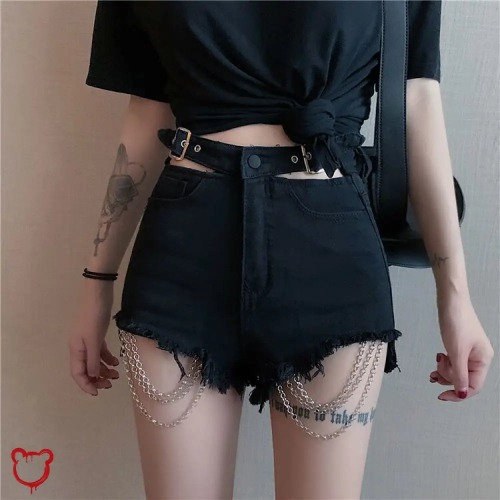 'Black Chain Torn Shorts' - Black / L