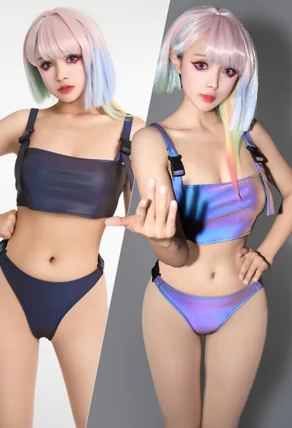 Reflective Two-Piece Swimsuit Bikini Set Lucy Derivative Buckle Sporty Top and Bottoms Bathing Suit Swimwear Black