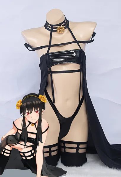 Yor Derivative Sexy Lingerie Shiny Hollowed Bodysuit and Cloak with Thigh Socks and Headband