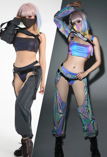 Cyberpunk Lucy Derivative Cargo Pants Clubwear Party Colorful Reflective Cutout Overalls Sexy Trousers