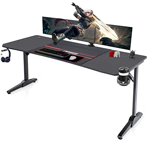 Devoko 180 x 70 cm Scrivania Gaming Ergonomica, Tavolo da Computer con Tappetini per Mouse, Portabicchieri per l'acqua e Ganci per le Cuffie,Scrivania Gaming con Piano del Tavolo in Fibra di Carbonio - 180 x 70 cm