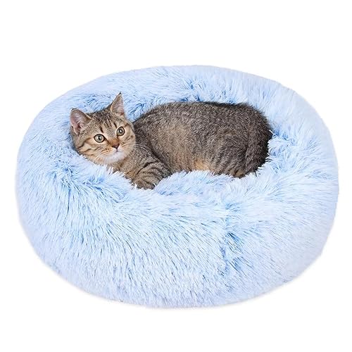 Cat Beds for Indoor Cats - Cat Bed Washable 20/24 inches, Dog Beds for Small Medium Dogs, Anti Anxiety Round Fluffy Plush Faux Fur Cat Bed, Thick Bottom (Cornflower Blue, Medium) - Medium - Cornflower Blue