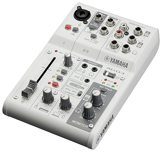 Yamaha AG03MK2 3-Channel Live Streaming Mixer with USB Audio Interface, for Windows, Mac, iOS and Android, in White - Mixing console - Single - white