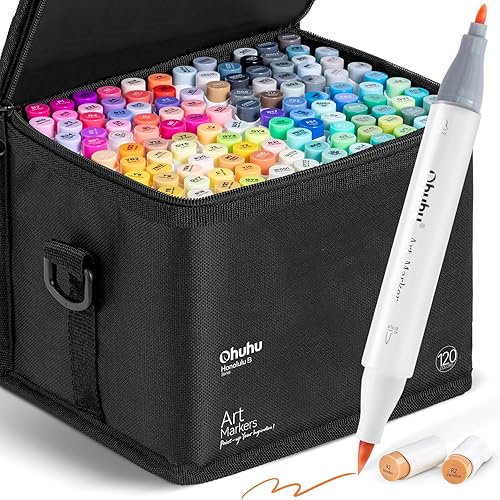 Ohuhu Alcohol Brush Markers 120 Colours, Double Tipped (Brush & Fine Tip) Sketch Markers for Artist Art Markers for Adult Coloring and Illustration, Bonus 1 Blender - 120 Colours