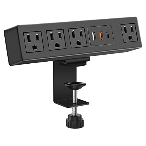 CCCEI Desk Clamp Power Strip with USB-A and USB-C Ports, Desktop Mount Surge Protector 1200J, Widely Spaced Desk Outlet Station, Fast Charging, 10 FT Flat Plug, Fit 1.9 inch Tabletop Edge. (Black) - 10FT - Black_20W