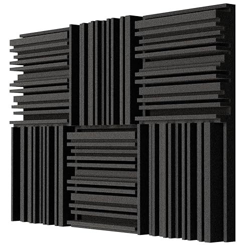 TroyStudio Thick Acoustic Foam Panels, 12 X 12 X 2 Inches 6 Pcs Broadband Sound Absorbing Foam, Dense Soundproof Padding Tile, Recording Studio Foam Absorber, Groove Decorative 3D Wall Ceiling Panel - 6 pcs - Black